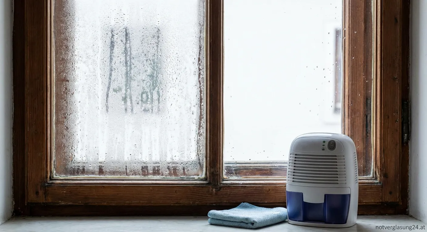 Beschlagenes Isolierglas mit Kondenswasser zwischen den Scheiben