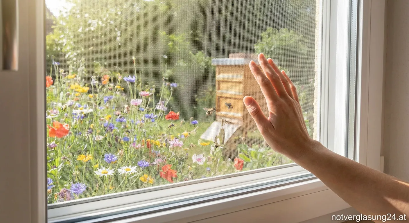 Nahaufnahme eines schwarzen bienenfreundlichen Insektenschutzgitters an einem offenen Fenster