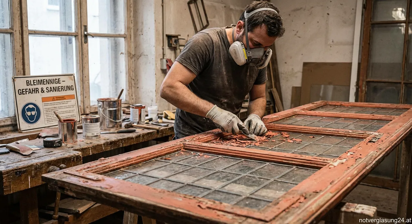 Abgeschliffenes historisches Fenster mit sichtbarer oranger Bleimennige-Grundierung