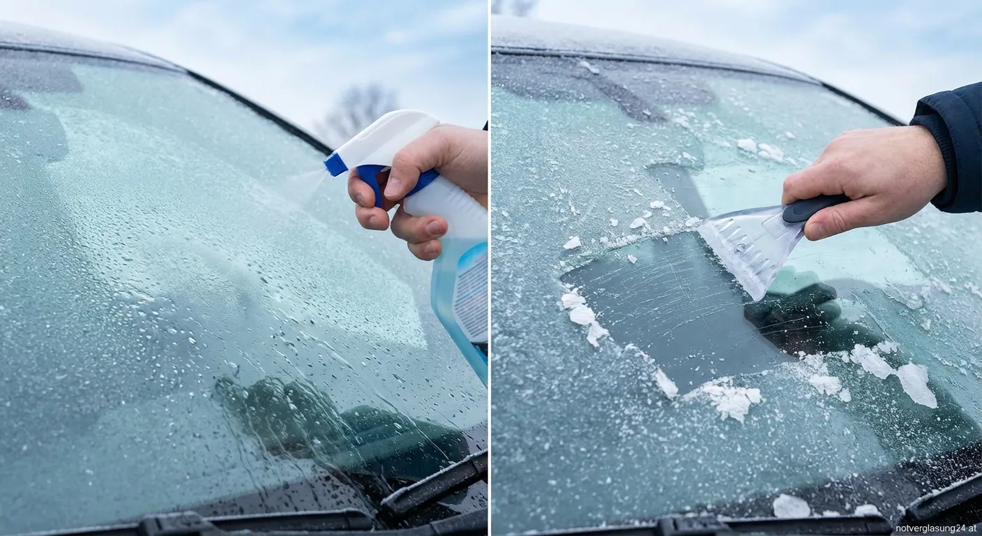 Vergleich von Enteiserspray und Eiskratzer auf einer vereisten Windschutzscheibe