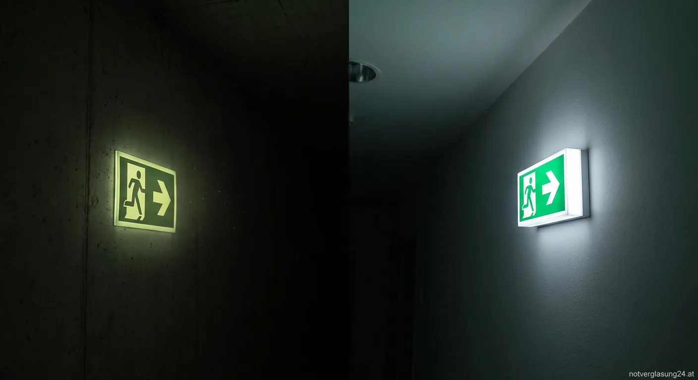 Fluchtwegschilder Vergleich nachleuchtend und beleuchtet