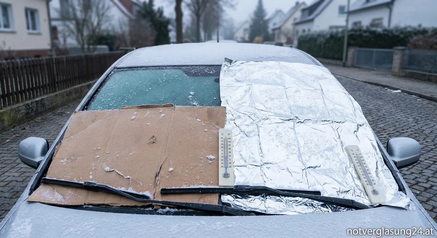 Vergleich von Pappe und Folie als Frontscheibenabdeckung im Winter
