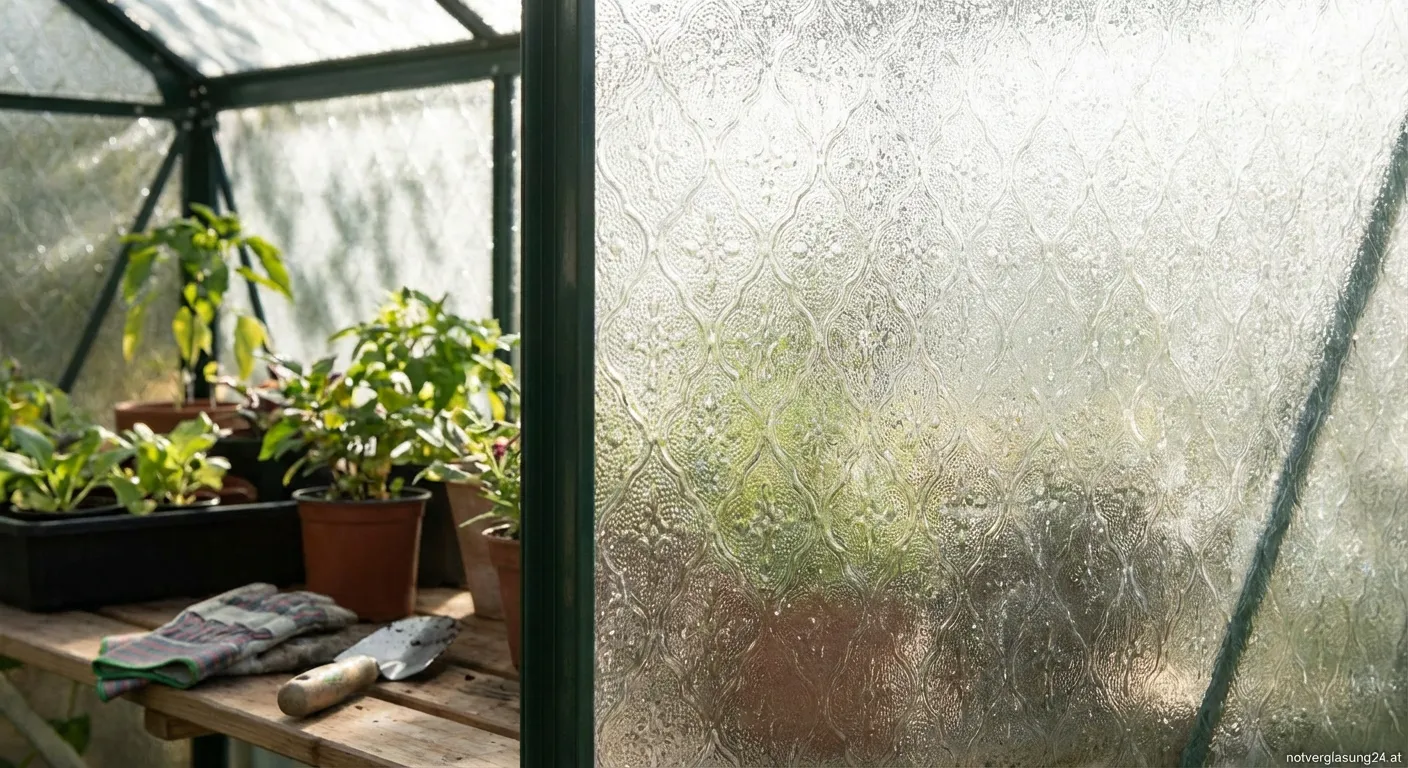 Strukturiertes Nörpelglas an einem Gewächshausdach bei Sonnenschein