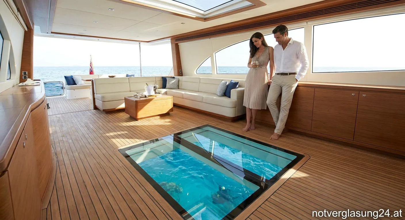 Glasklarer Boden in einer luxuriösen Yachtkabine