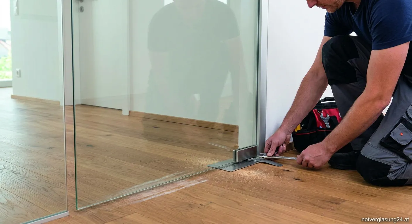 Handwerker justiert eine Glastür mit Schraubenschlüssel