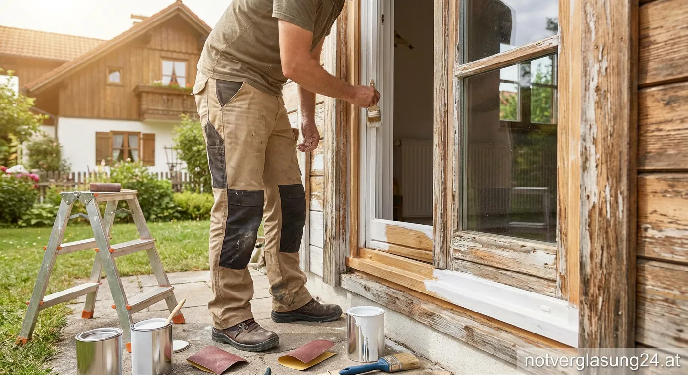 Person streicht einen weißen Holzfensterrahmen mit einem Pinsel