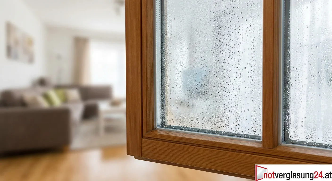 Kondenswasserbildung an einem Fensterrahmen in einem Wohnzimmer