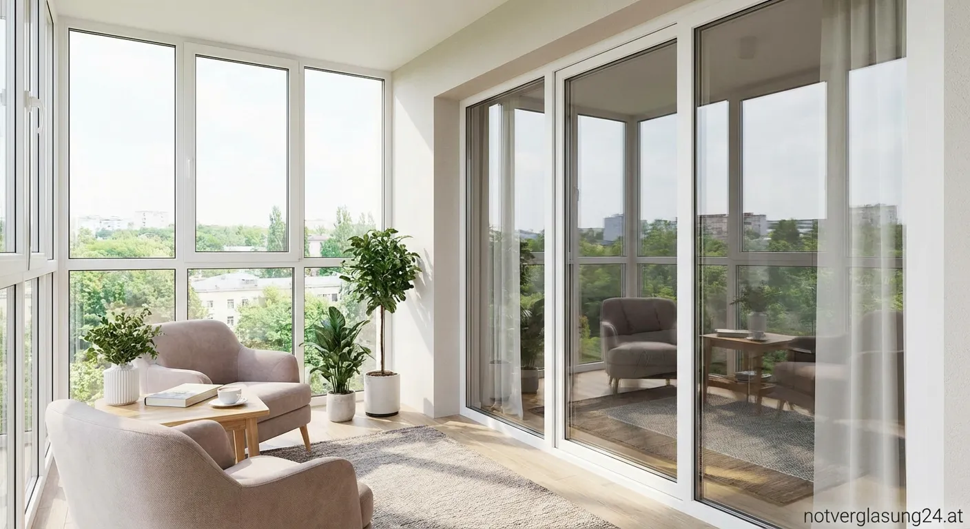 Verglaste Loggia mit moderner Einrichtung und Blick nach draußen bei Tageslicht