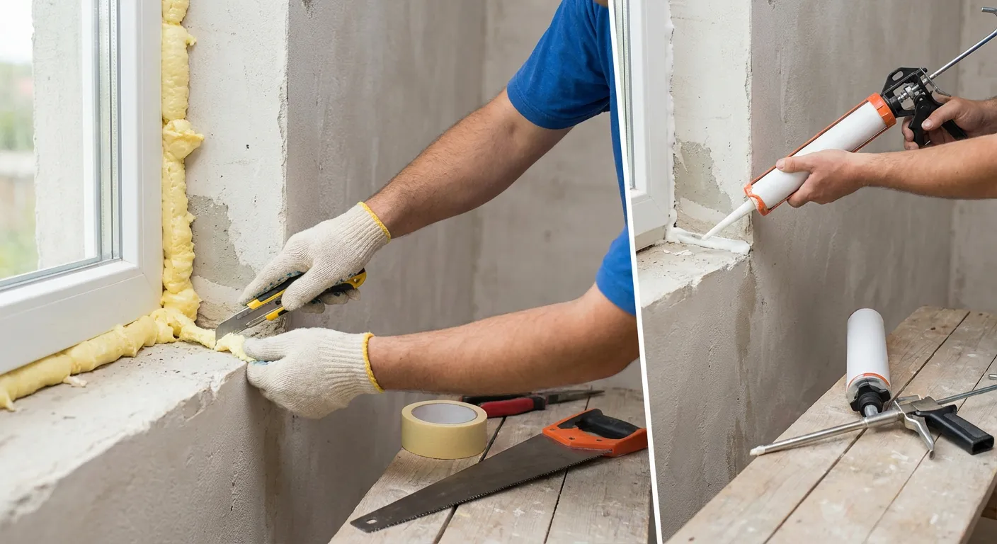 Handwerkmeister schneidet Montageschaum fachgerecht