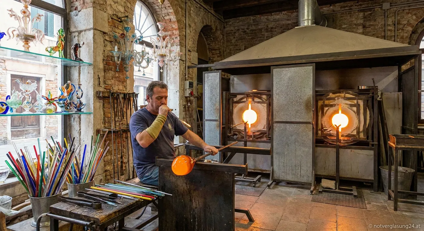 Traditioneller Glasbläser bei der Arbeit auf der Insel Murano