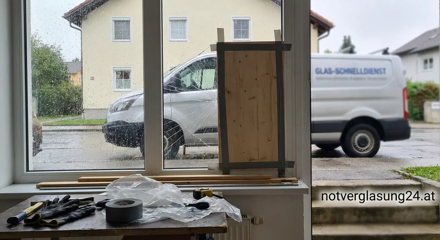 Handwerker führt Notverglasung an beschädigtem Fenster durch