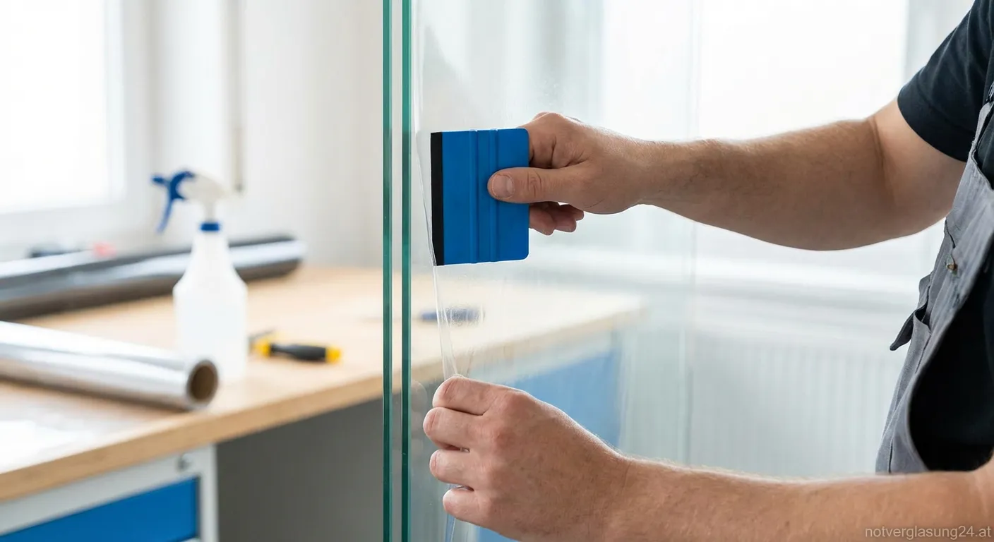 Hand verwendet Rakel mit Filzkante auf blauer Autofolie