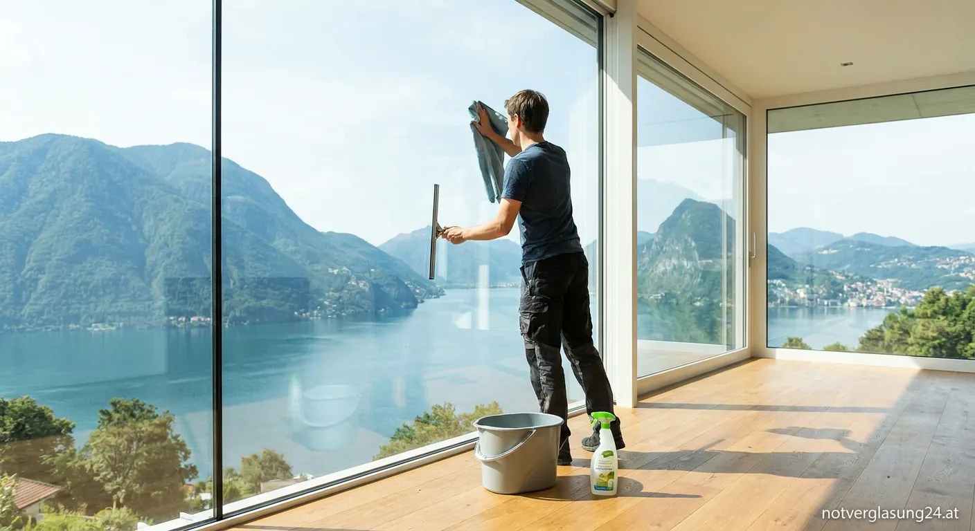 Reinigung von großen Panoramafenstern mit Teleskopstange