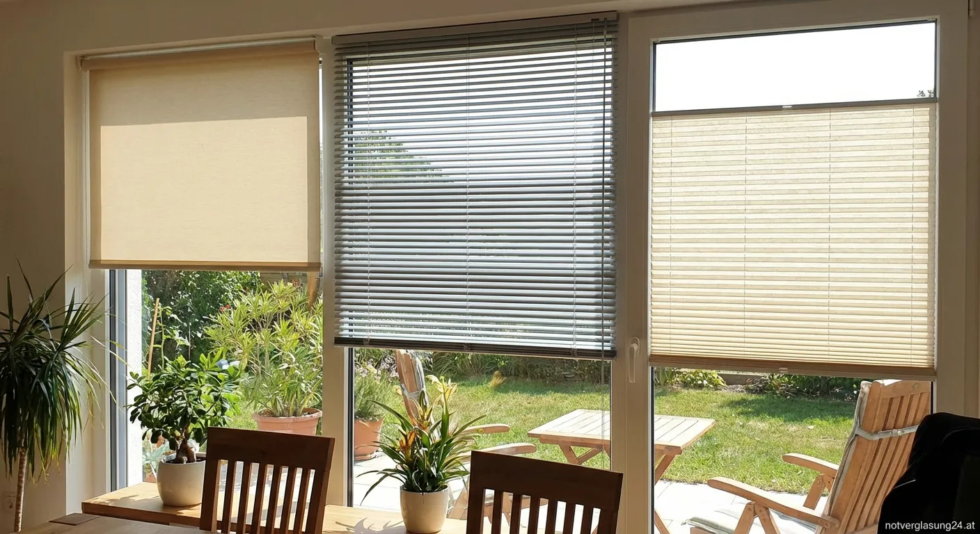Vergleich von Rollo, Jalousie und Plissee am Fenster