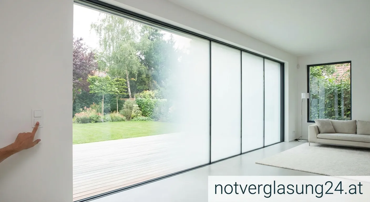 Schaltbares Glas wechselt von transparent zu milchig bei Knopfdruck