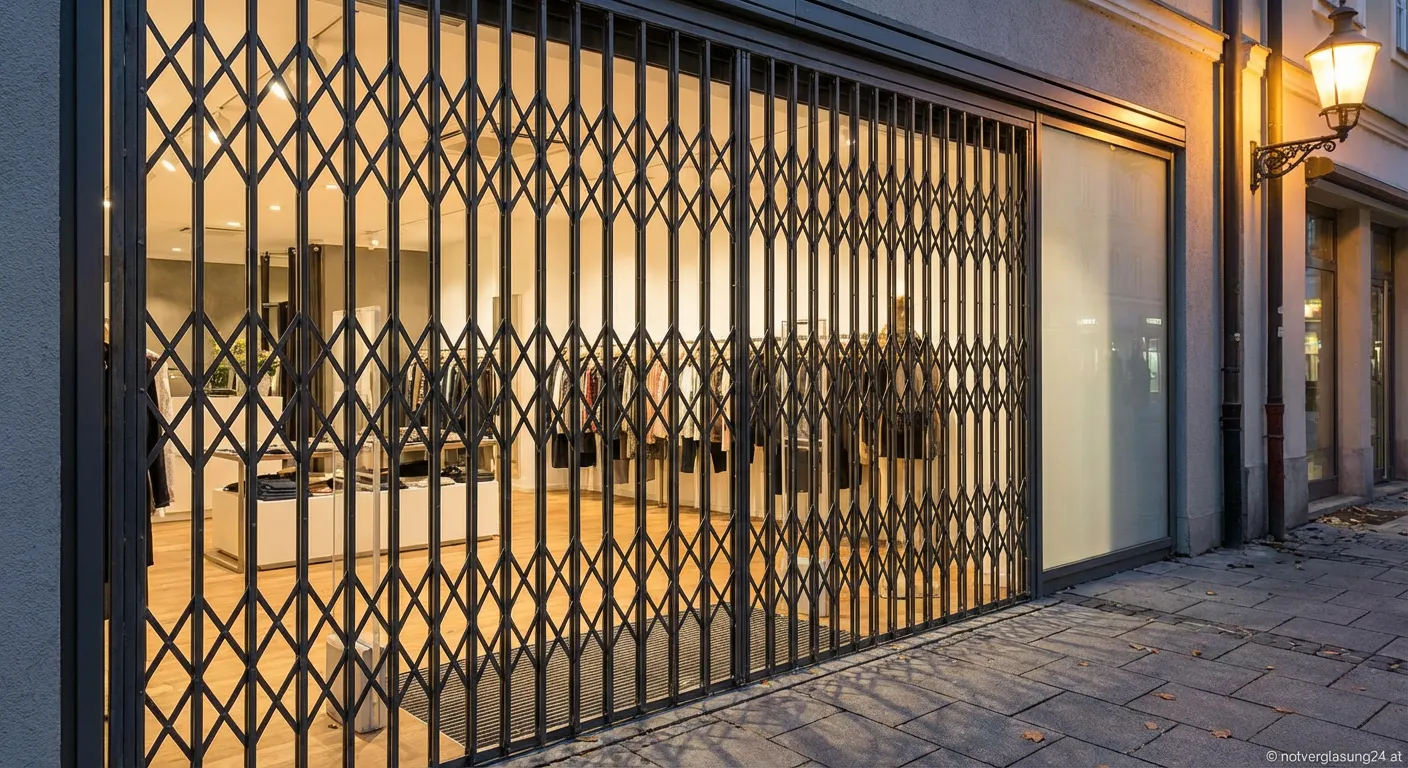 Scherengitter für Ladeneingänge aus Stahl vor einem Geschäft