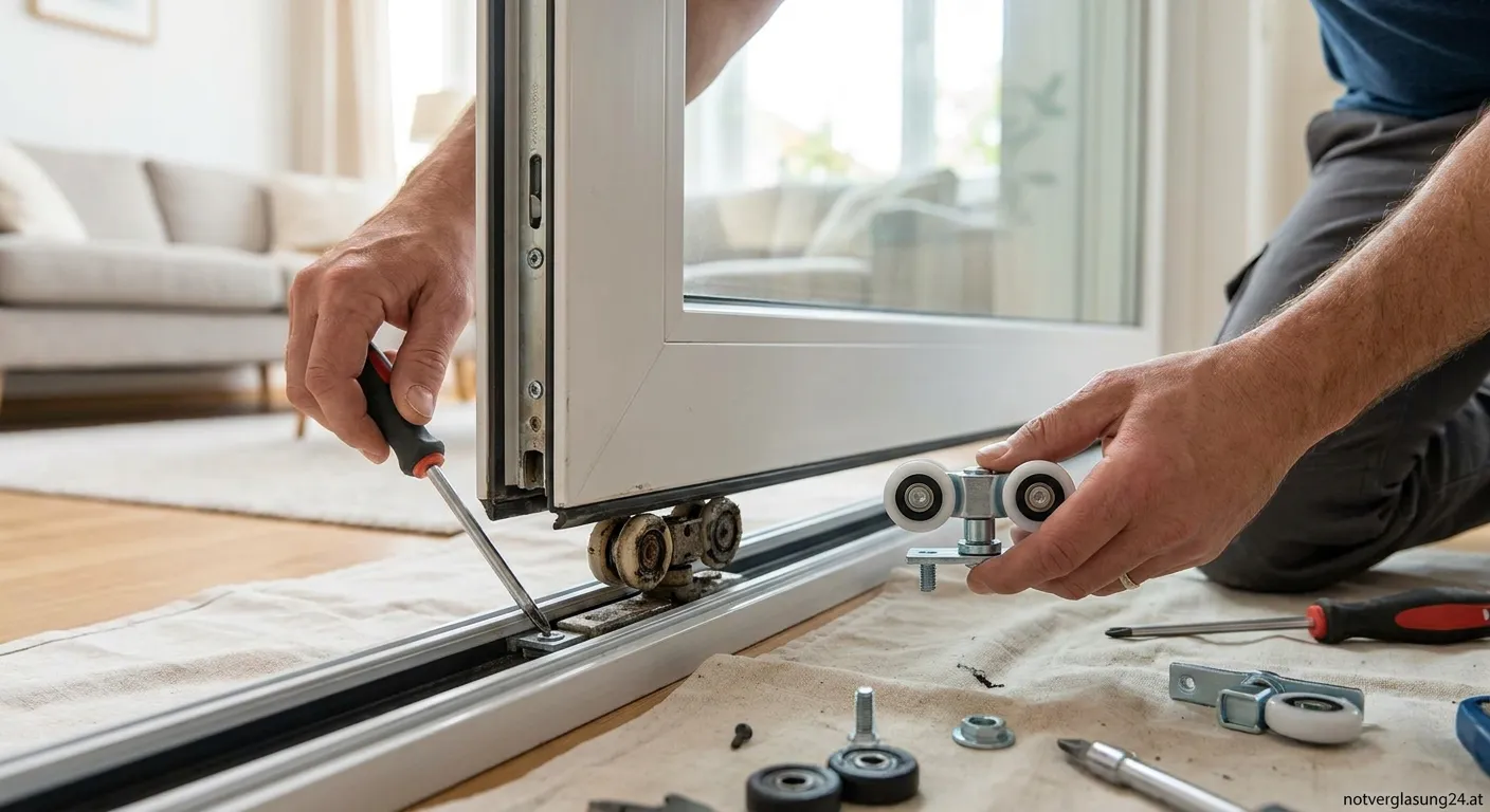 Handwerker tauscht die Rollen einer Schiebetür aus