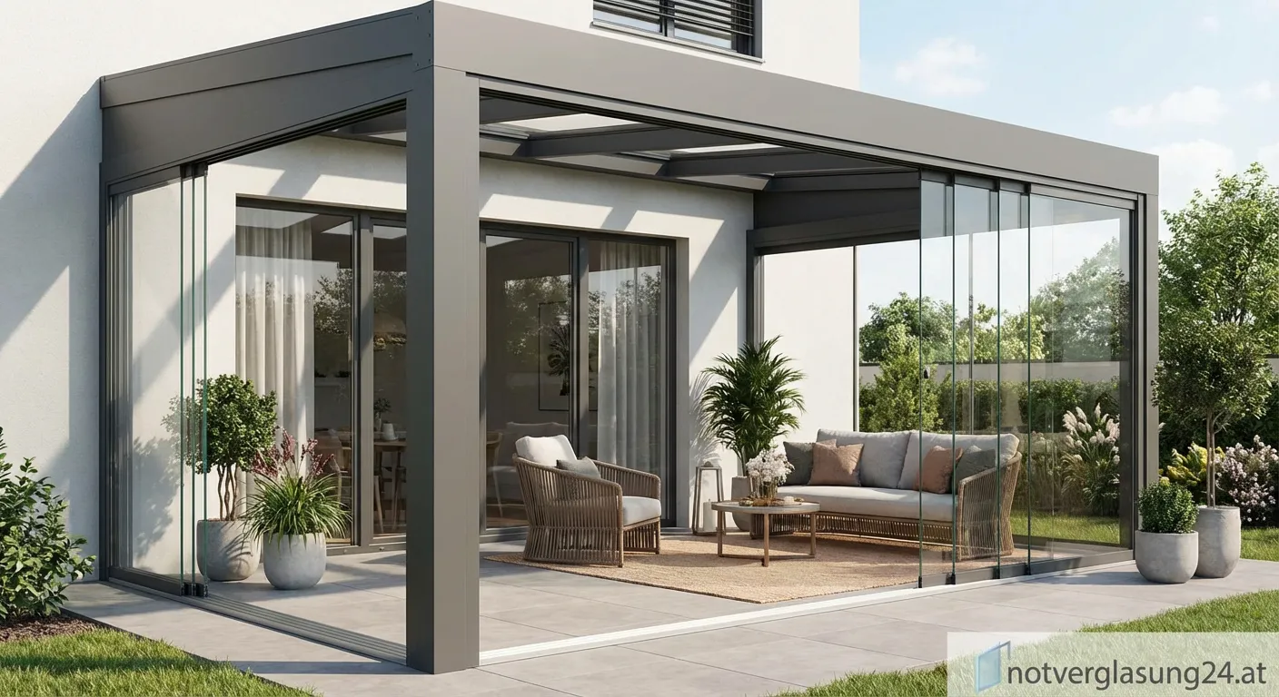 Schiebeverglasung Terrasse Sommergarten mit geöffneten Glastüren