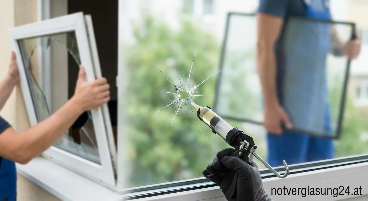 Beschädigte Fensterscheibe mit Steinschlag und Rissbildung