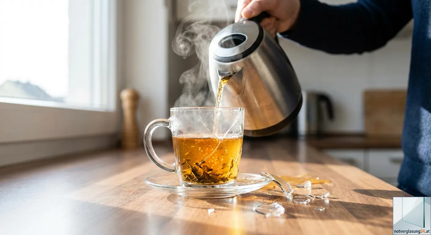 Zerbrochenes Teeglas auf einem Holztisch neben einer Teekanne