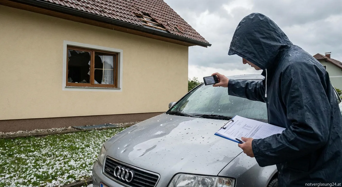 Eingeschlagene Fensterscheibe nach Hagelsturm zur Schadensmeldung