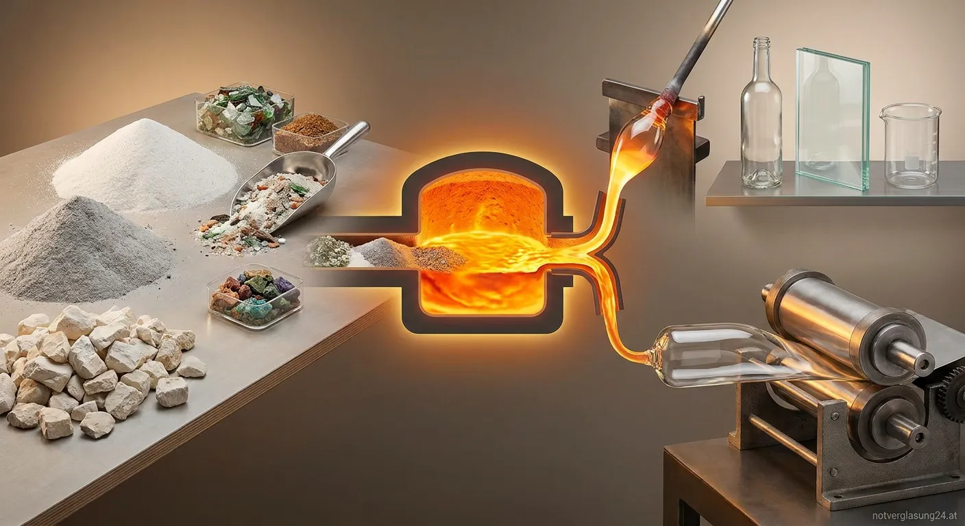 Glasmacher bei der Arbeit mit flüssigem Glas im Ofen
