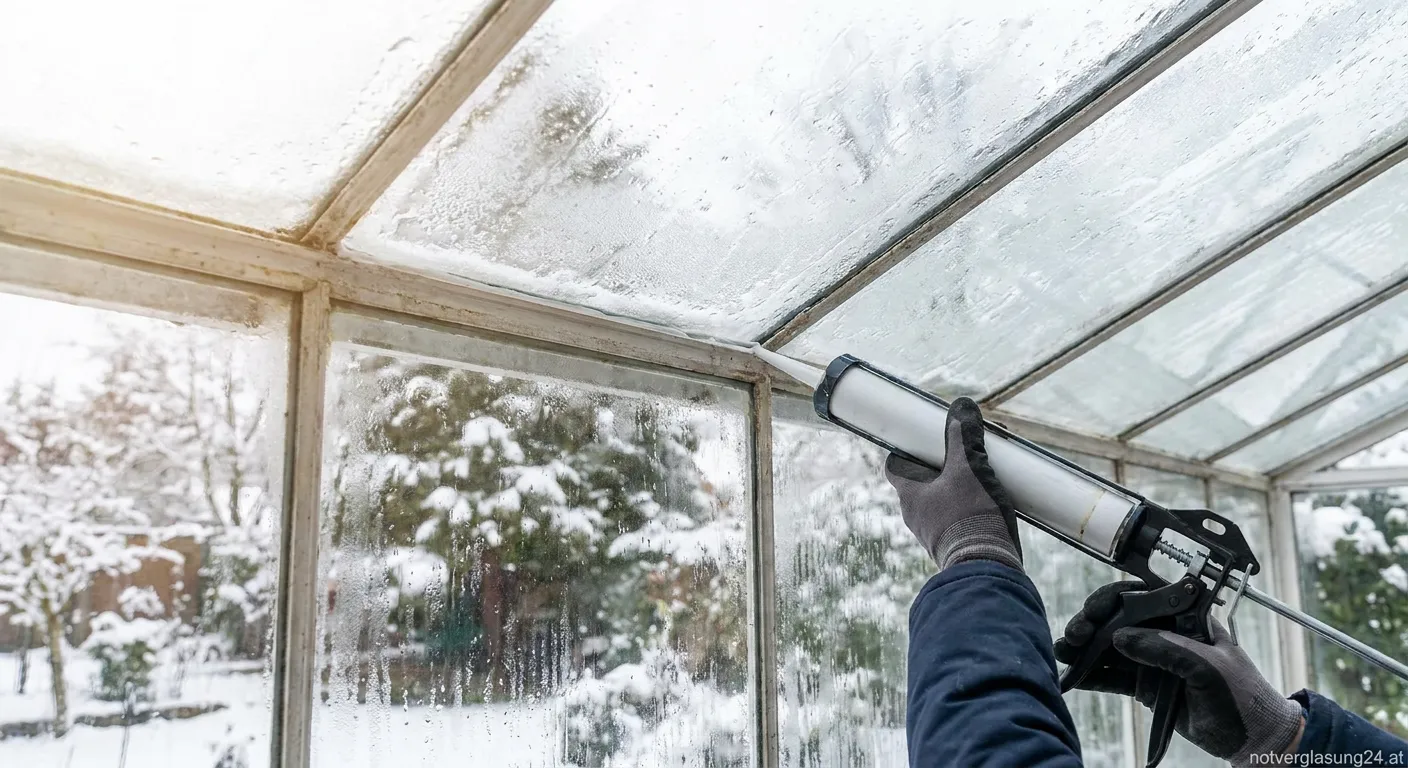 Handwerker erneuert Glasdichtung am Wintergartenfenster