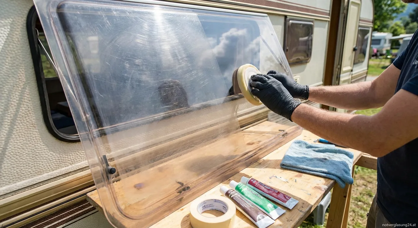 Person beim Polieren eines Acrylglas-Wohnwagenfensters mit Polierpaste